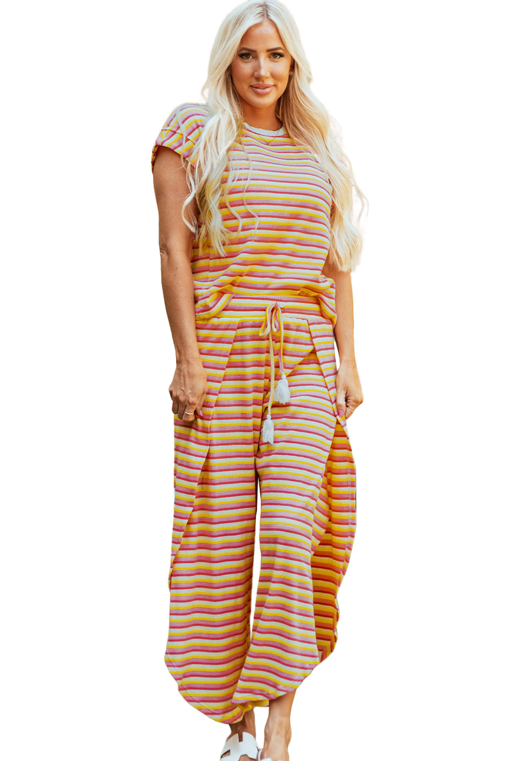 Pink Stripe Rainbow Tee Tasseled String Wide Leg Pants Set