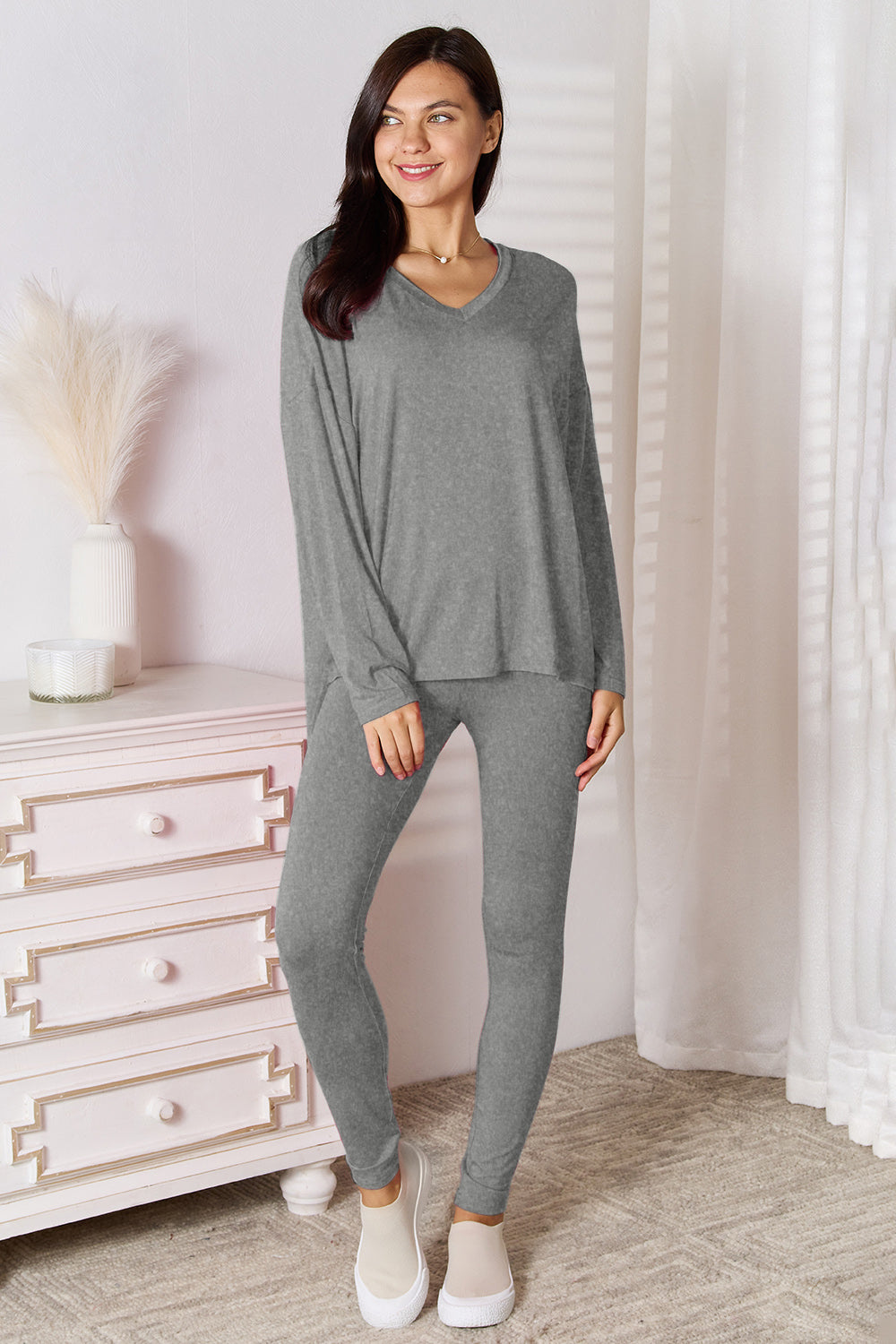 Basic V-Neck Long Sleeve Top and Pants Lounge Set