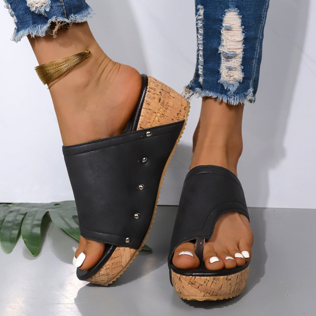 Slip-on Leather Wedge Sandals