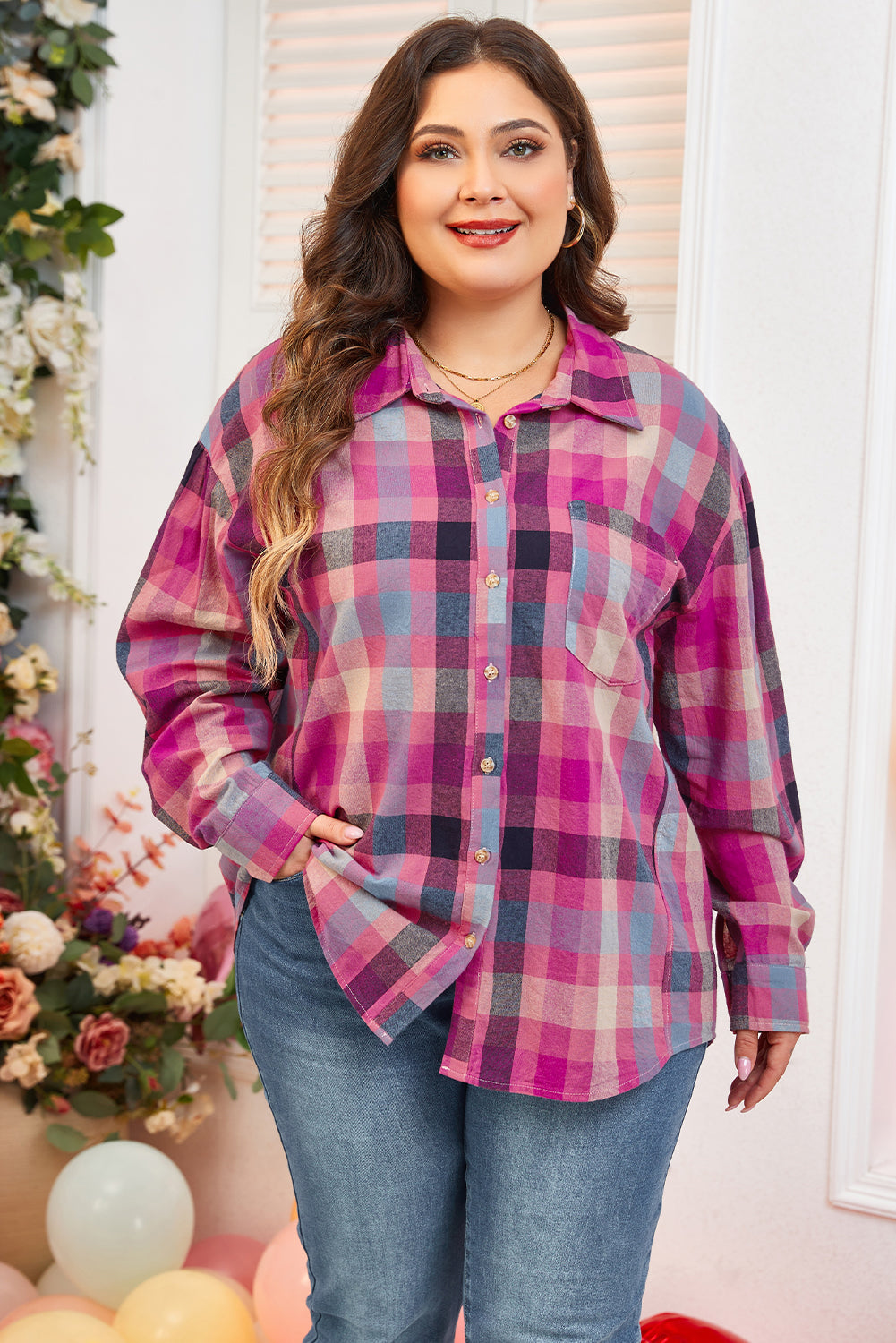 Rose Stripe Checkered Print Button up Shirt