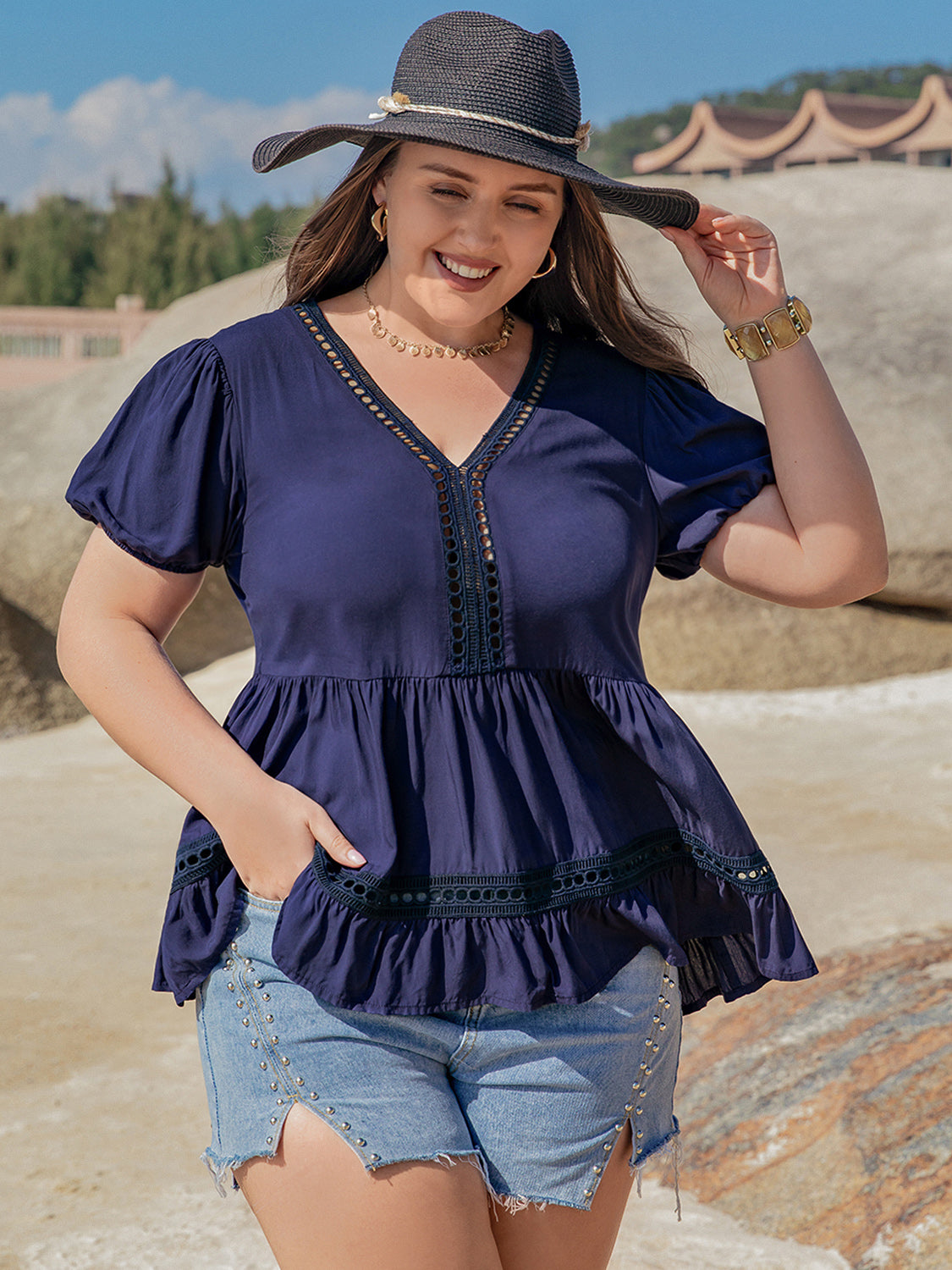 Peplum V-Neck Short Sleeve Blouse