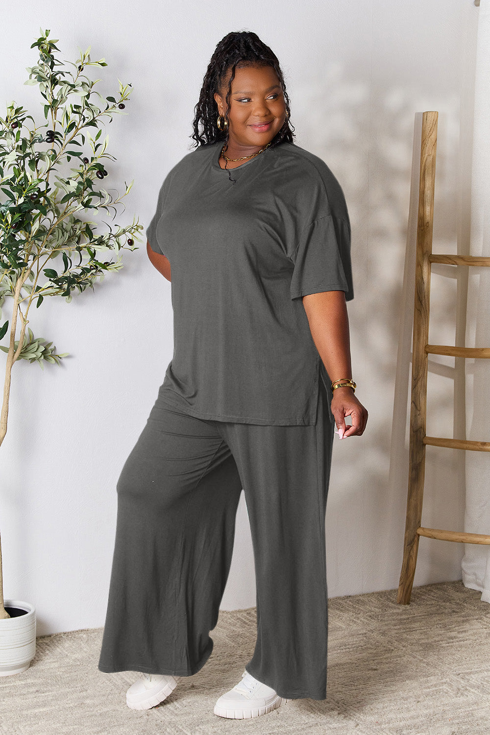 Double Take  Round Neck Slit Top and Pants Set