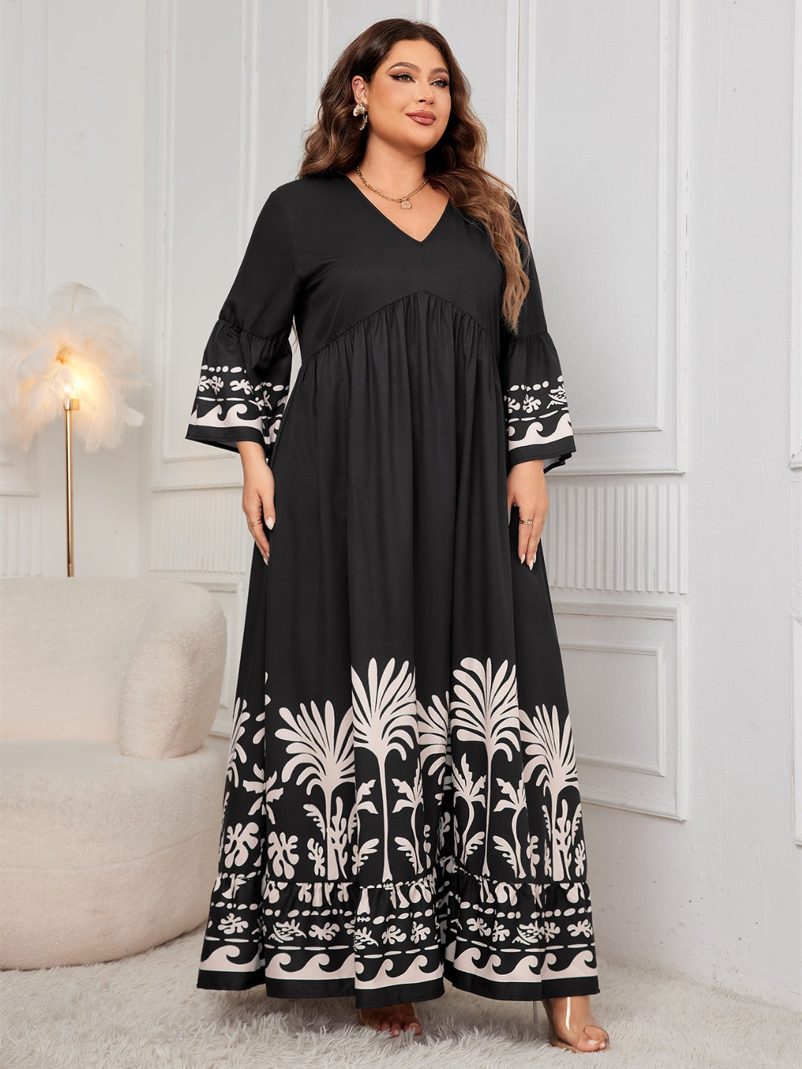 Printed V-Neck Long Sleeve Maxi Dress