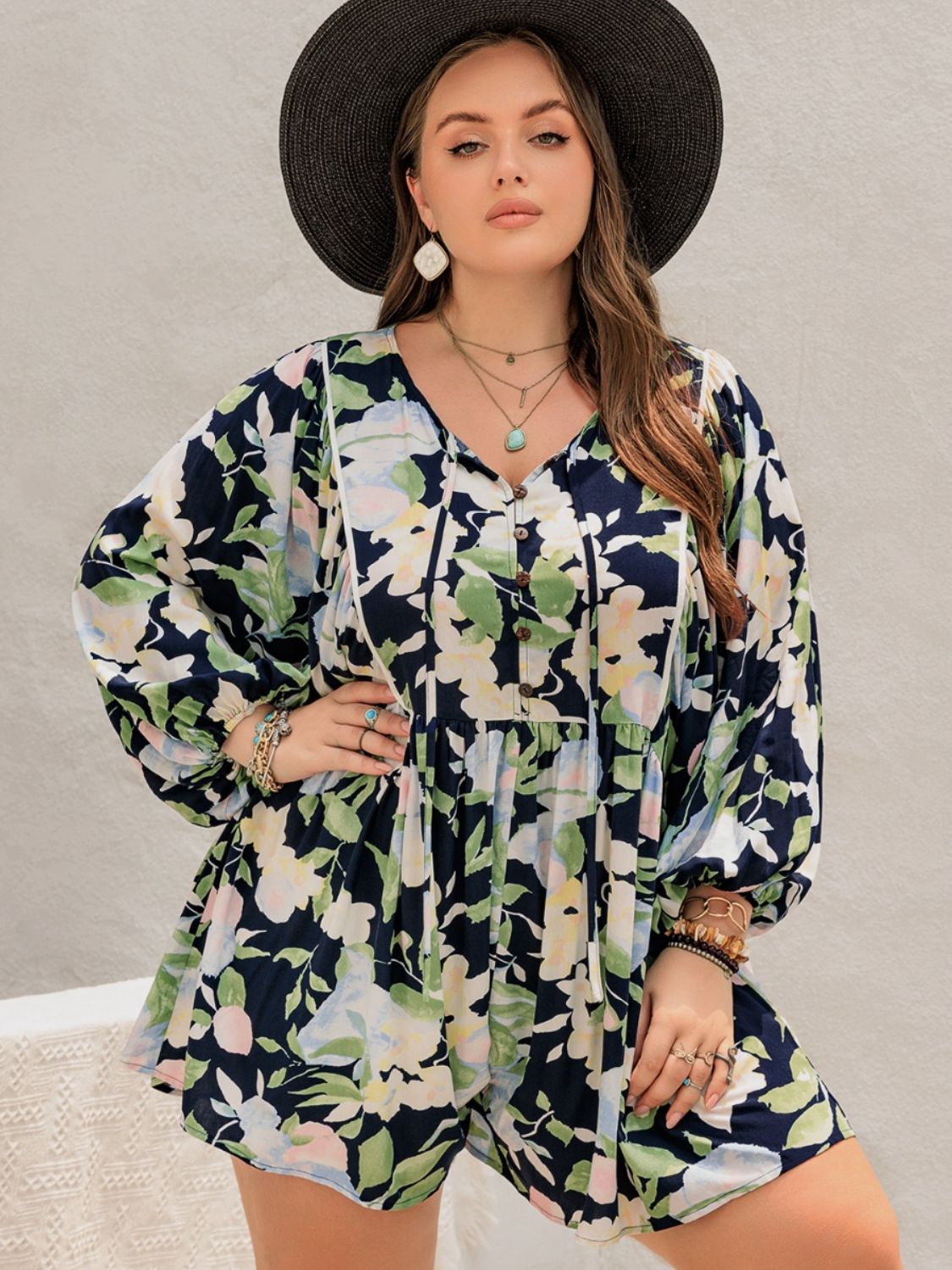 Tied Printed Long Sleeve Romper