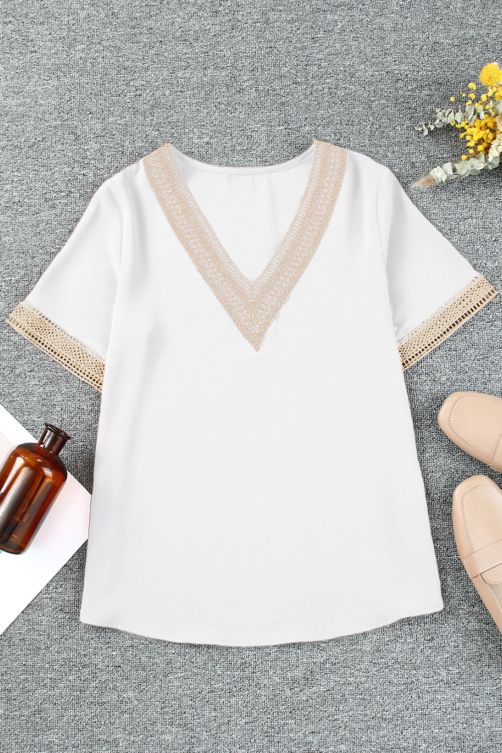 Lace Trim V Neck Short Sleeve Blouse