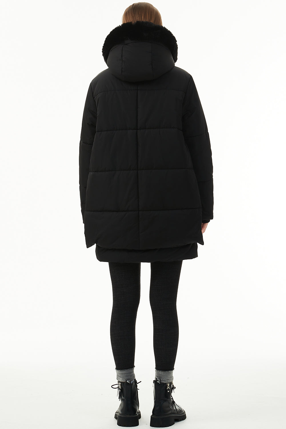 Black Plush Linen Hooded Puffer Coat