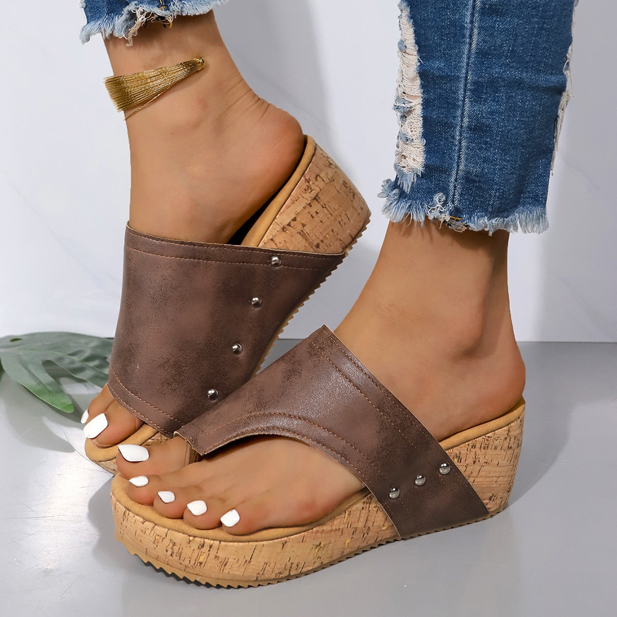 Slip-on Leather Wedge Sandals