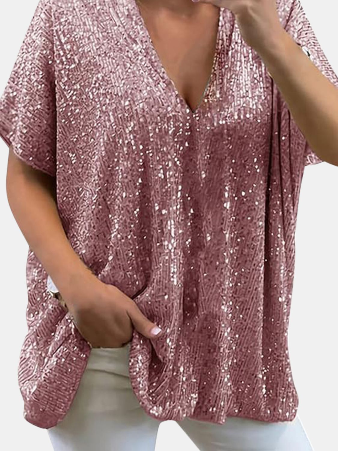 Sequin V-Neck Short Sleeve Top