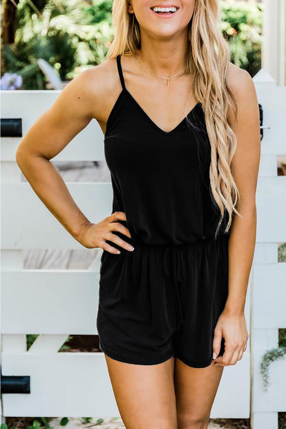 Khaki Spaghetti Straps V Neck Crisscross Back Romper