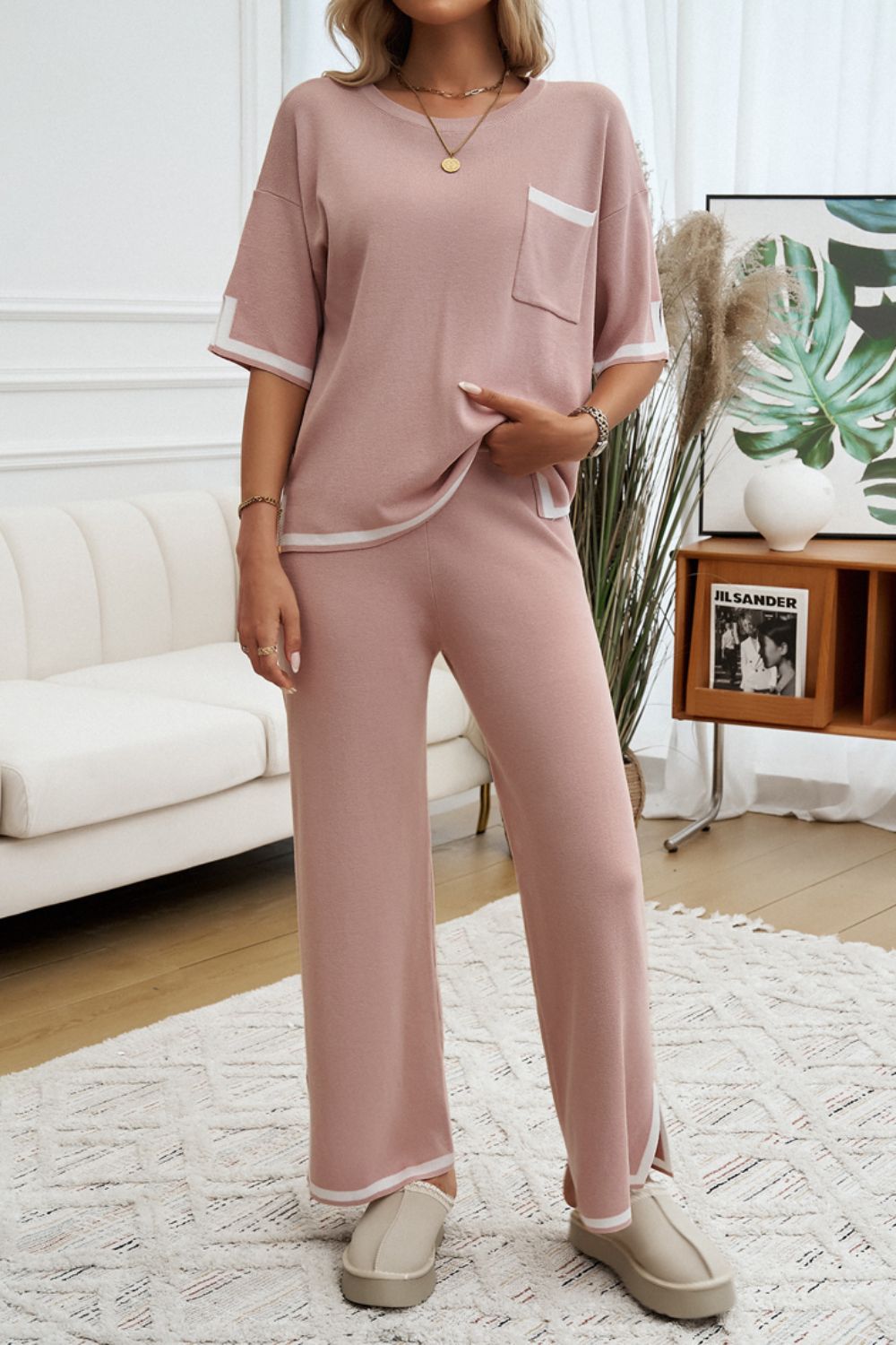 Pocketed Half Sleeve Top and Pants Set