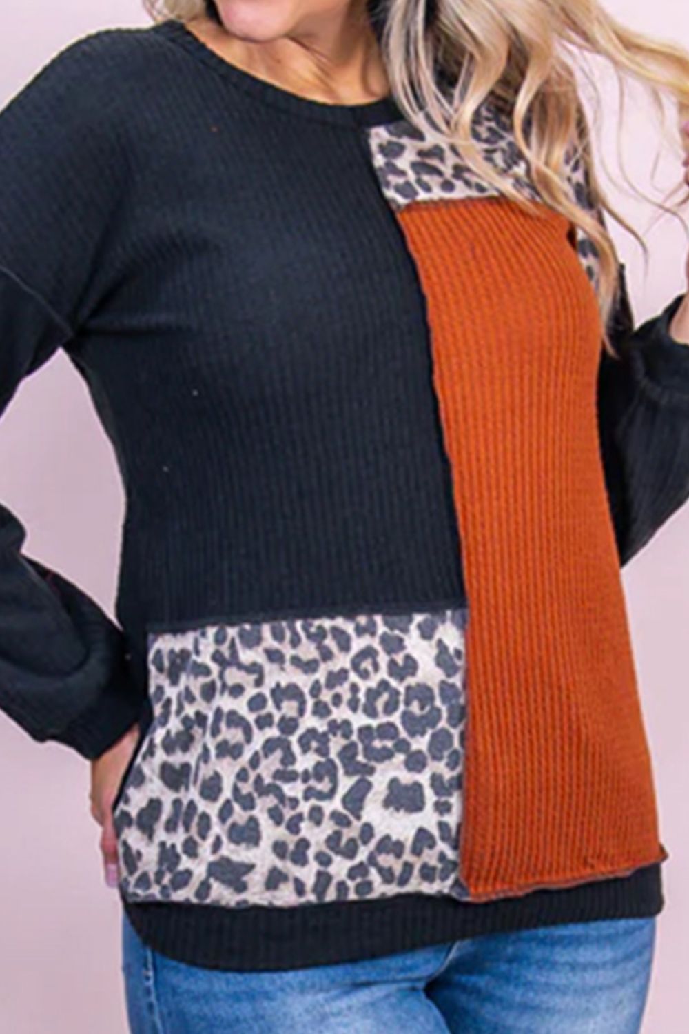 Waffle-Knit Leopard Round Neck Blouse