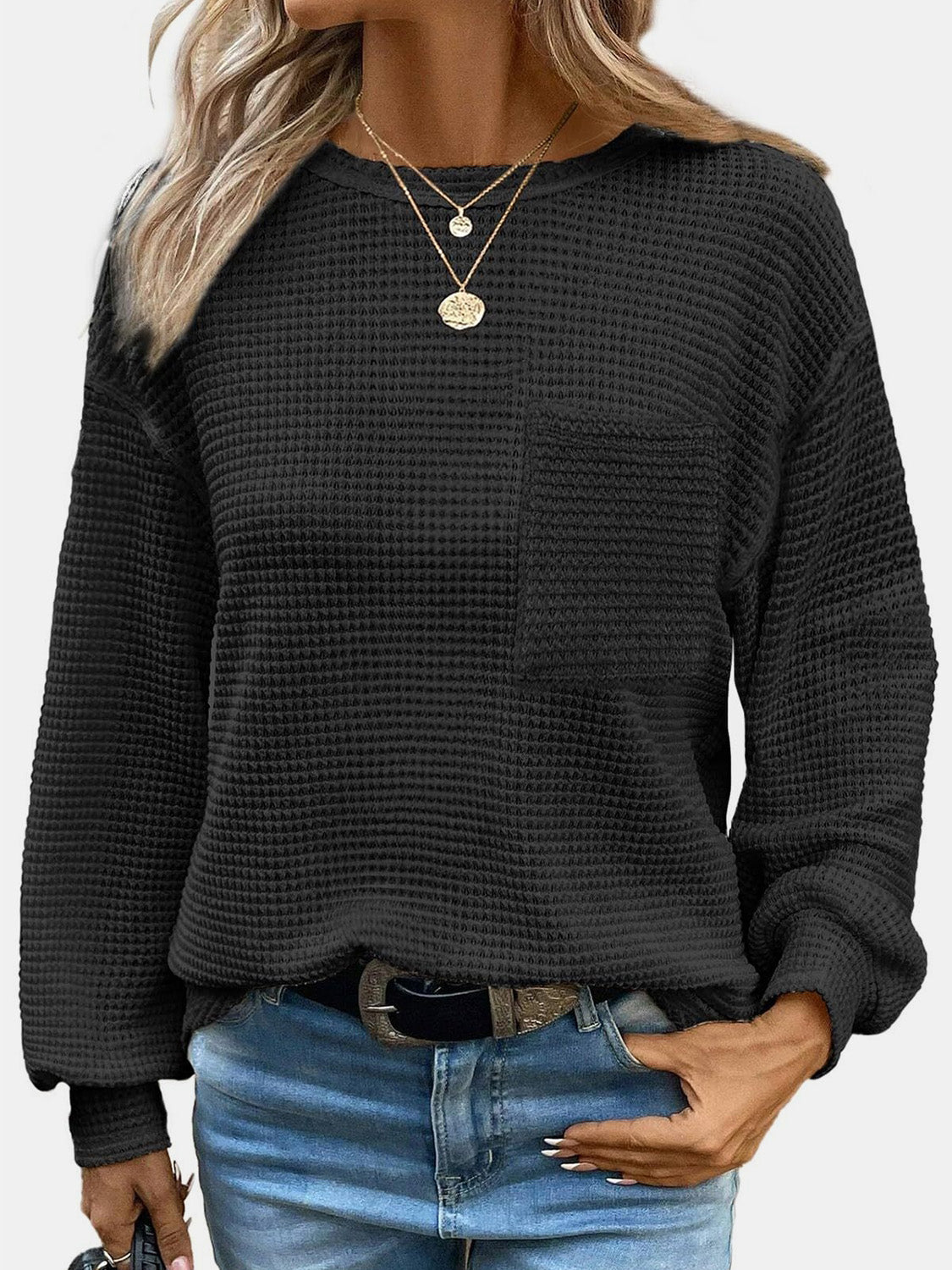 Waffle Knit Long Sleeve T-Shirt