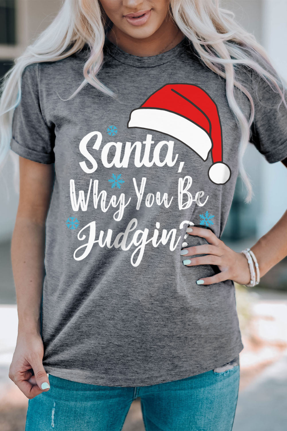 Gray Christmas Santa Hat Graphic Tee