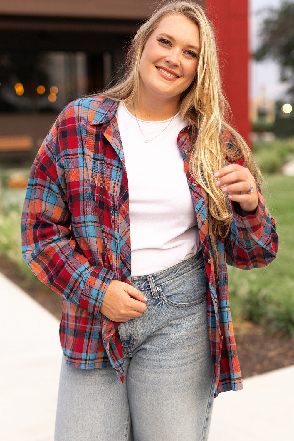 Orange Plaid Print Buttoned Shirt