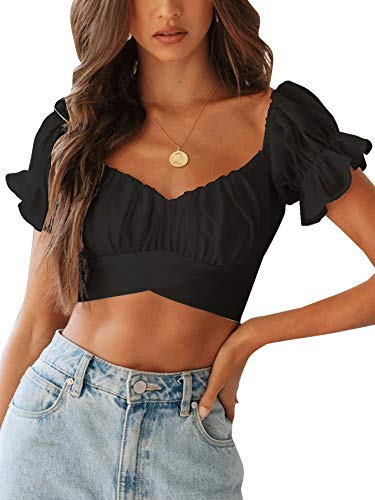 Women's Ruffle Short Sleeve Tie Up Back Crop Top