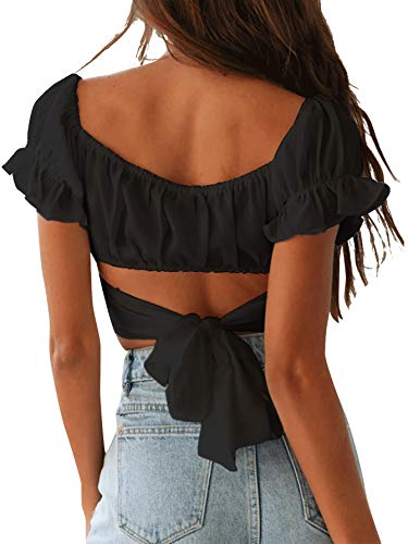 Women's Ruffle Short Sleeve Tie Up Back Crop Top