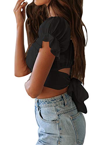 Women's Ruffle Short Sleeve Tie Up Back Crop Top