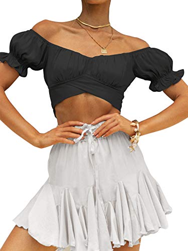 Women's Ruffle Short Sleeve Tie Up Back Crop Top