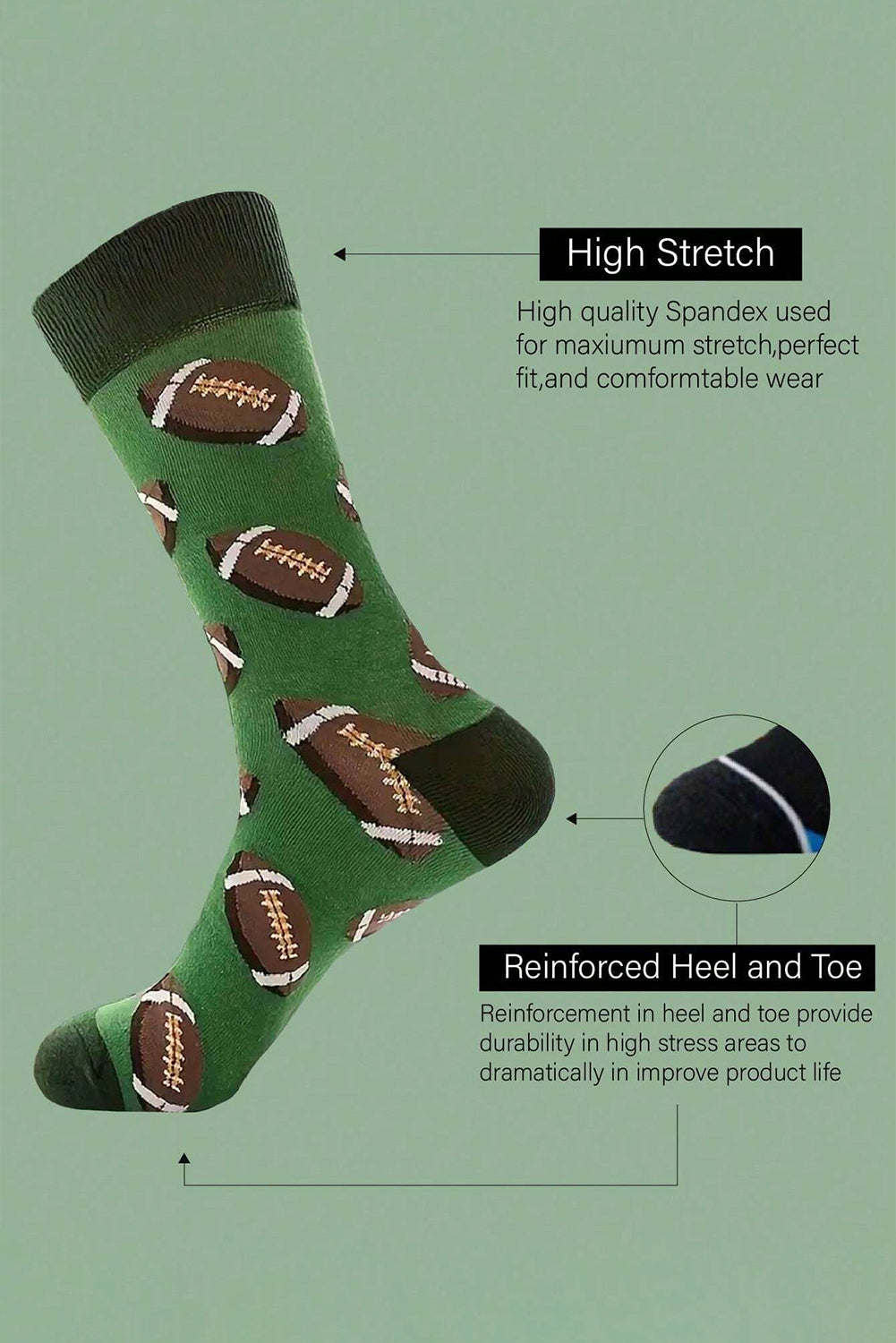 Green Rugby Football Print Mid-length Socks