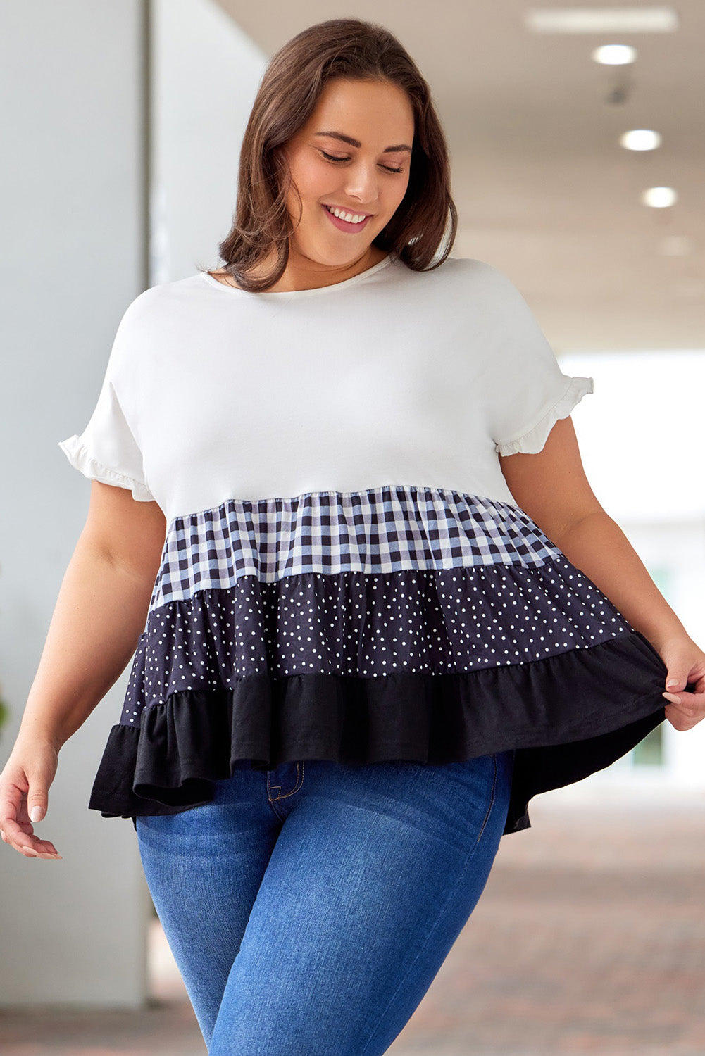 Plaid Dot Ruffled Babydoll Top