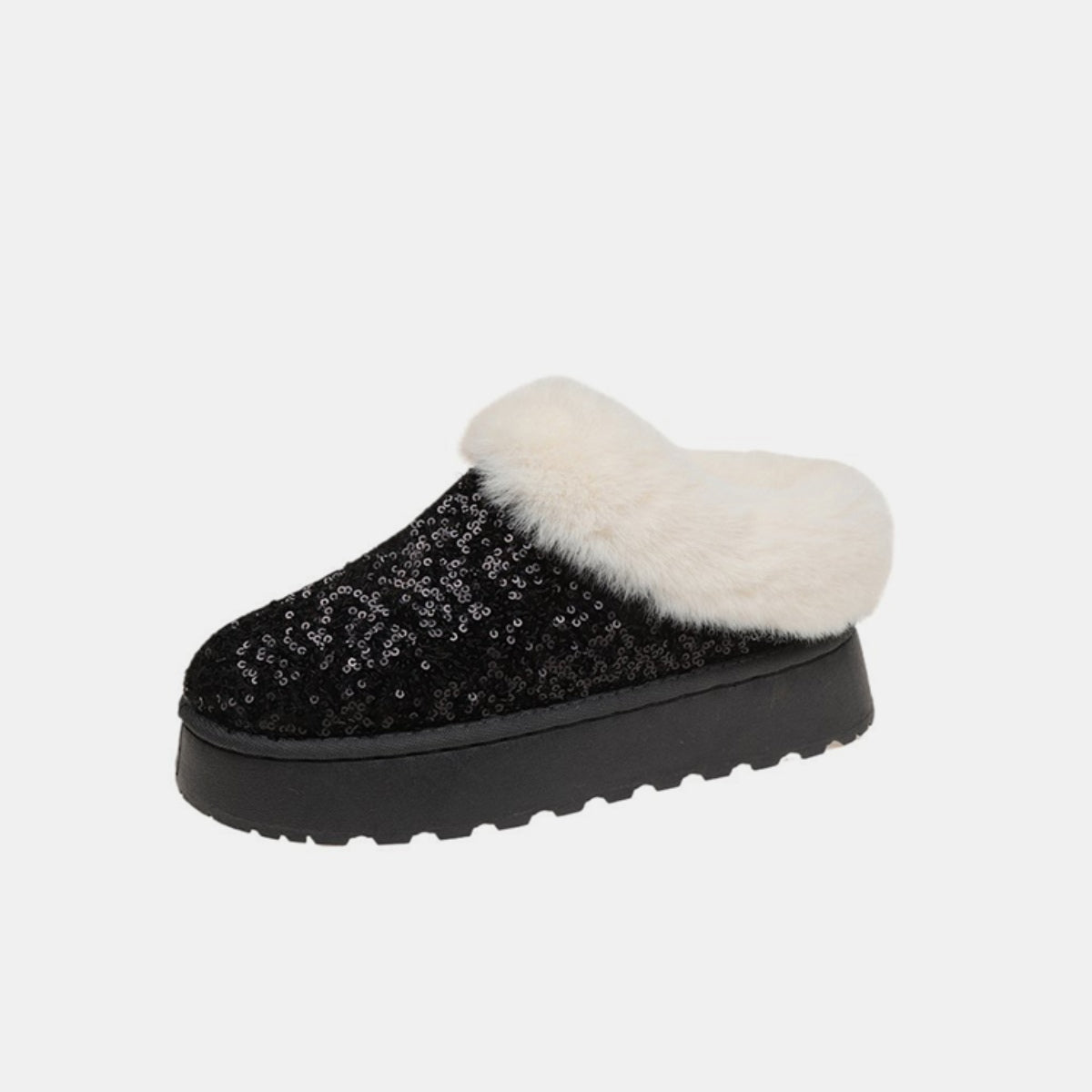 Plush Trim Sequin Platform Slip-ons