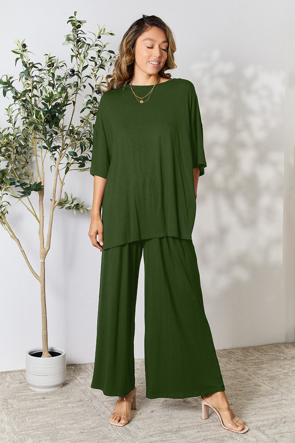 Double Take  Round Neck Slit Top and Pants Set