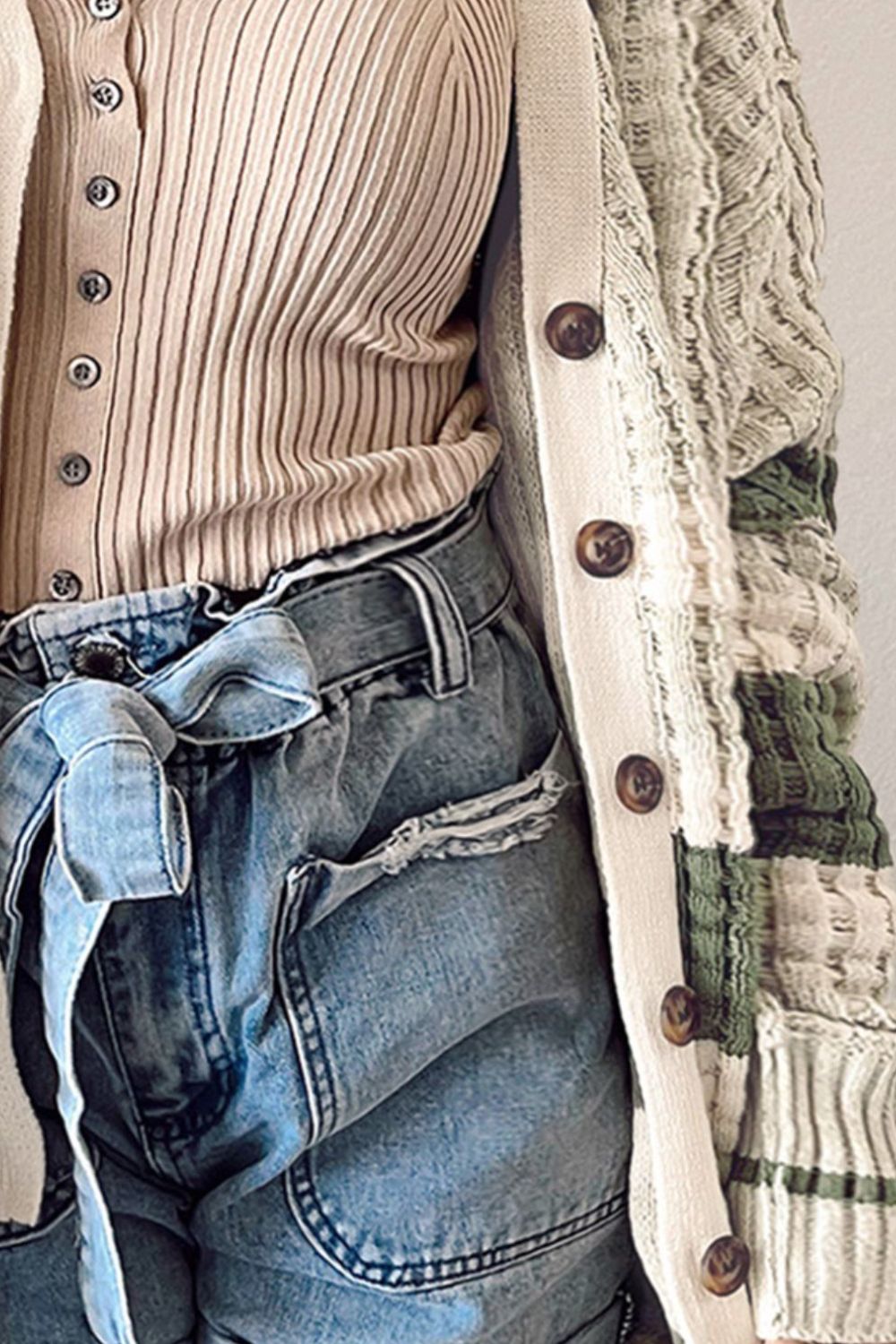 Striped Button Up Dropped Shoulder Cardigan