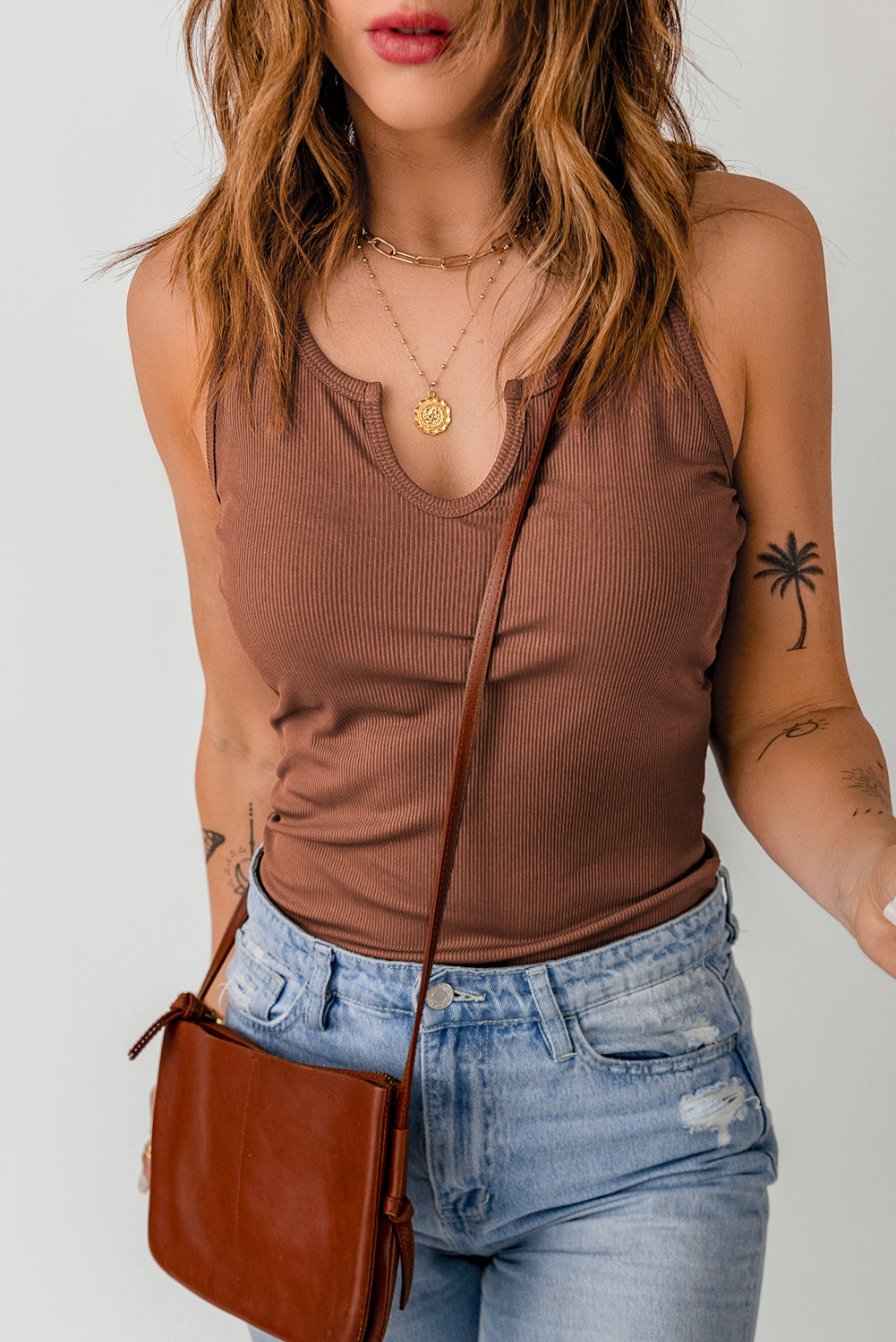 Split Neck Ribbed Knit Tank Top