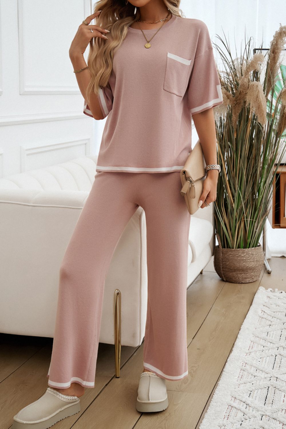 Pocketed Half Sleeve Top and Pants Set