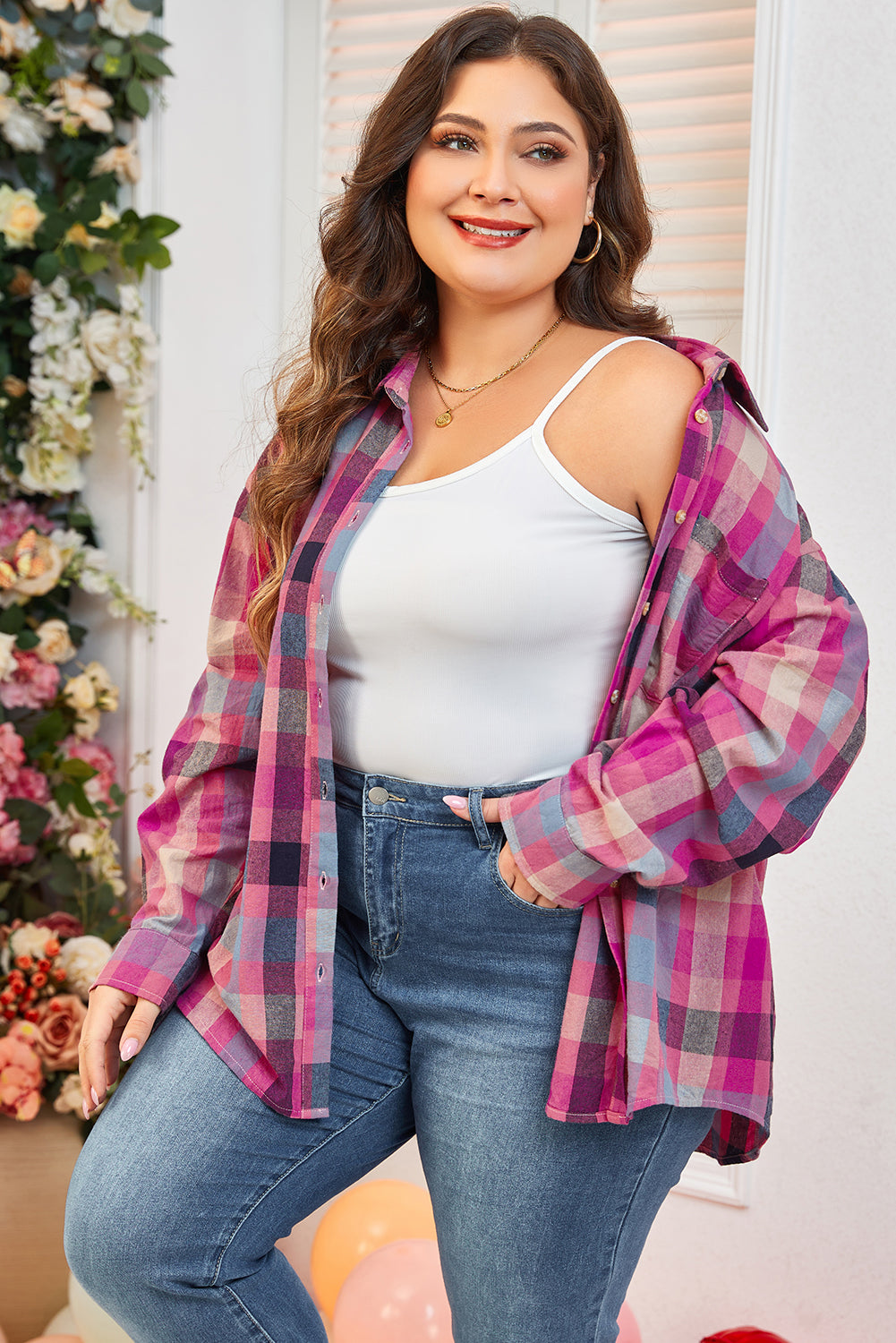 Rose Stripe Checkered Print Button up Shirt