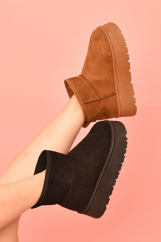 Black suede round toe platform booties