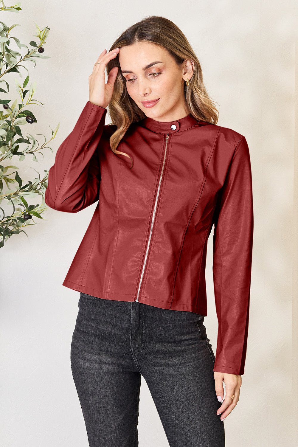 Mock Neck Zip Up Solid Color Jacket