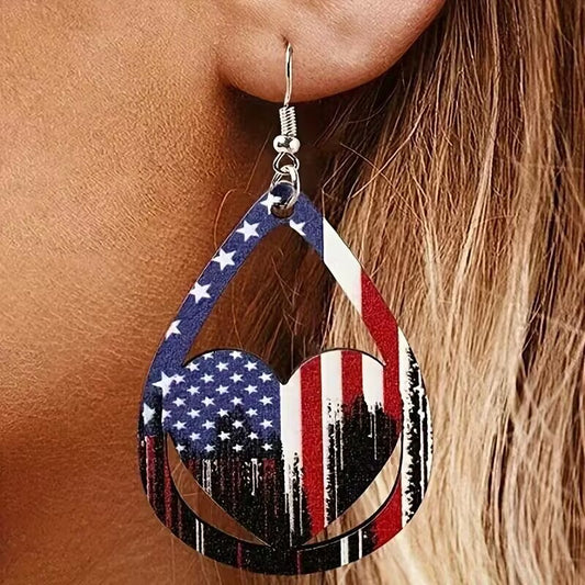 US Flag Wooden Earrings