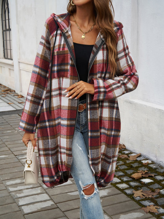 Plaid Zip Up Hooded Mid length Shacked