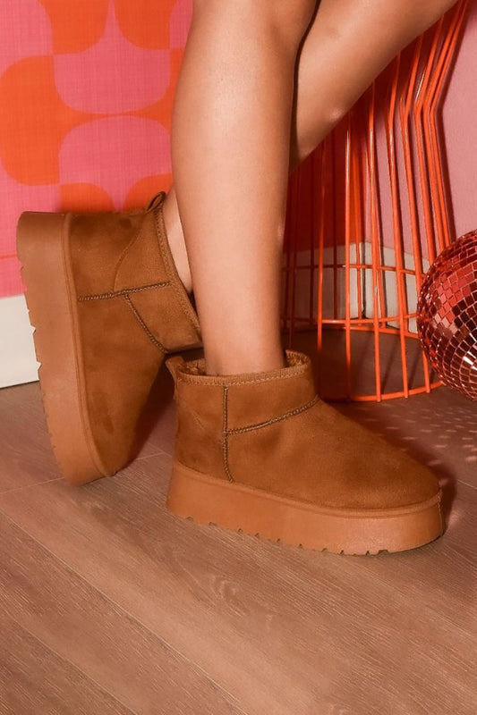 Caramel suede round toe platform booties