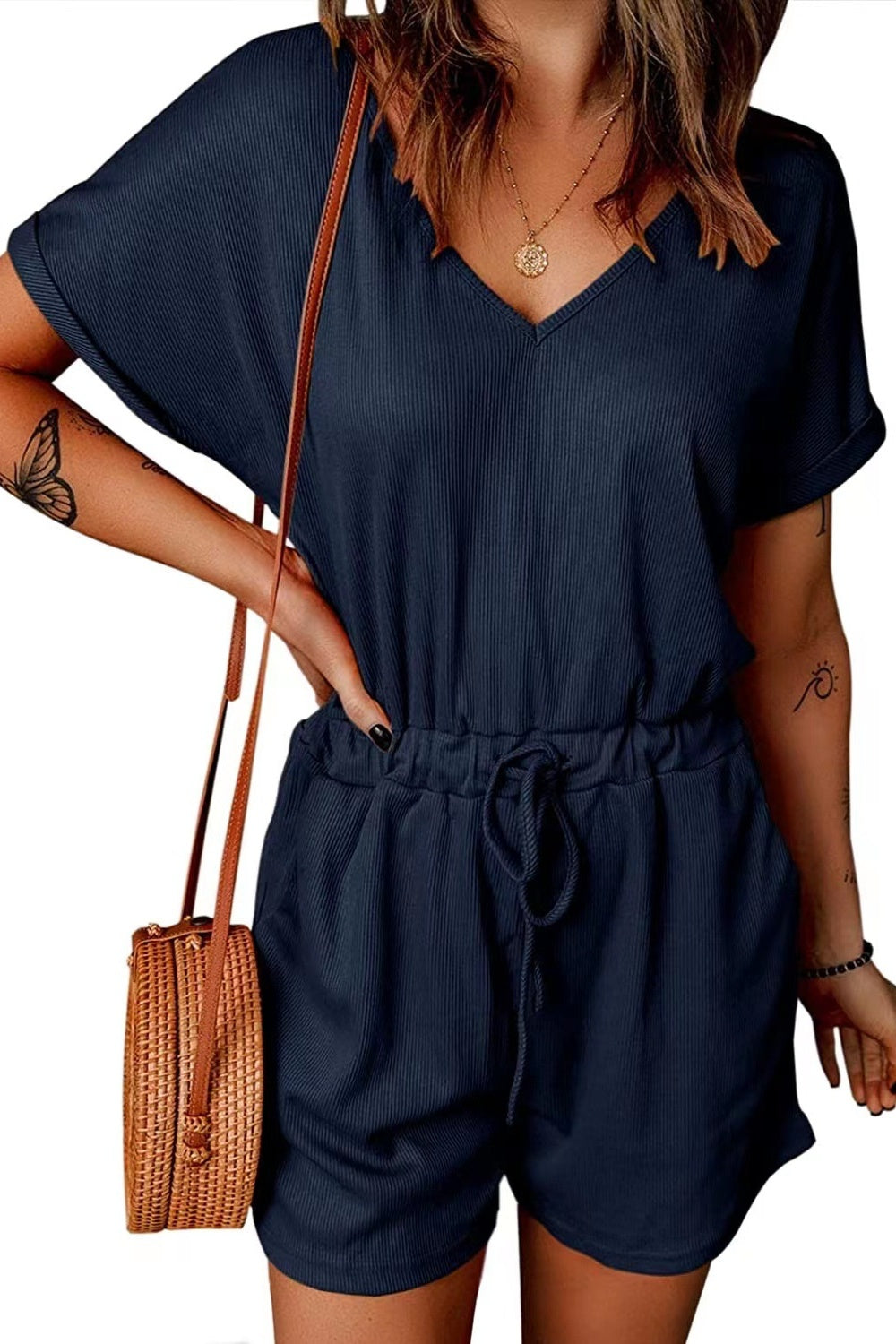 Drawstring V-Neck Short Sleeve Romper