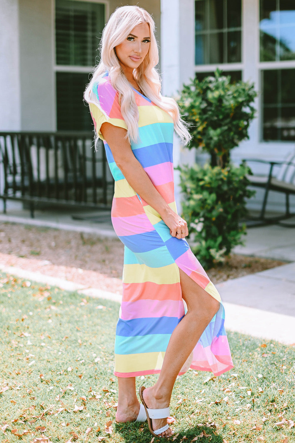 Multicolor Colorblock Pocketed V Neck T-shirt Dress