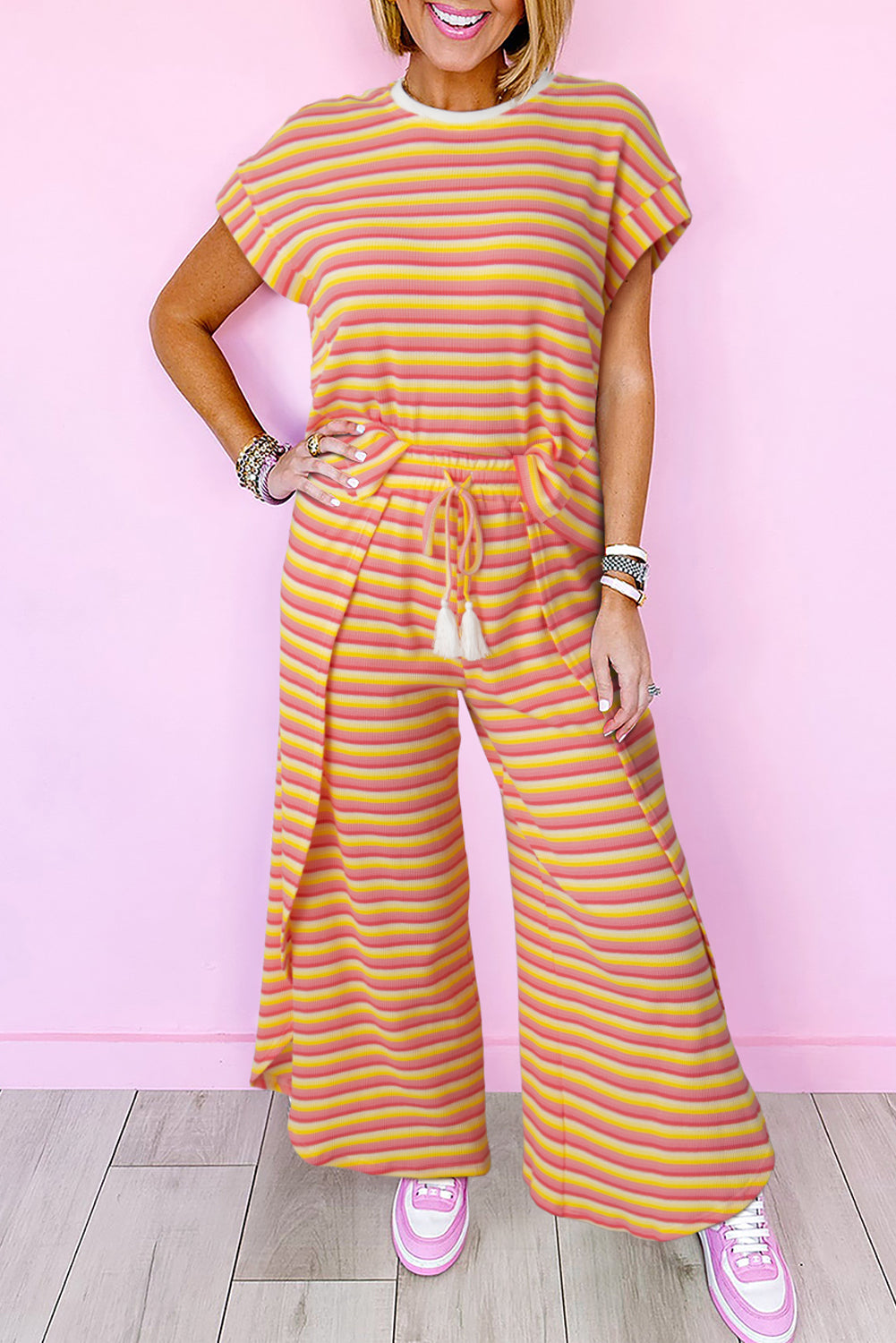 Pink Stripe Rainbow Tee Tasseled String Wide Leg Pants Set