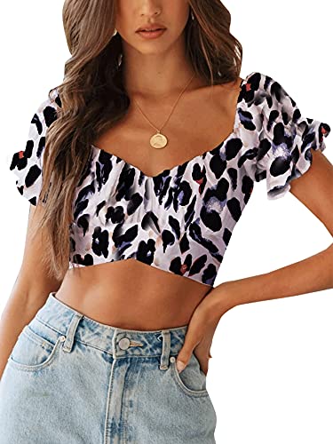 Women's Ruffle Short Sleeve Tie Up Back Crop Top