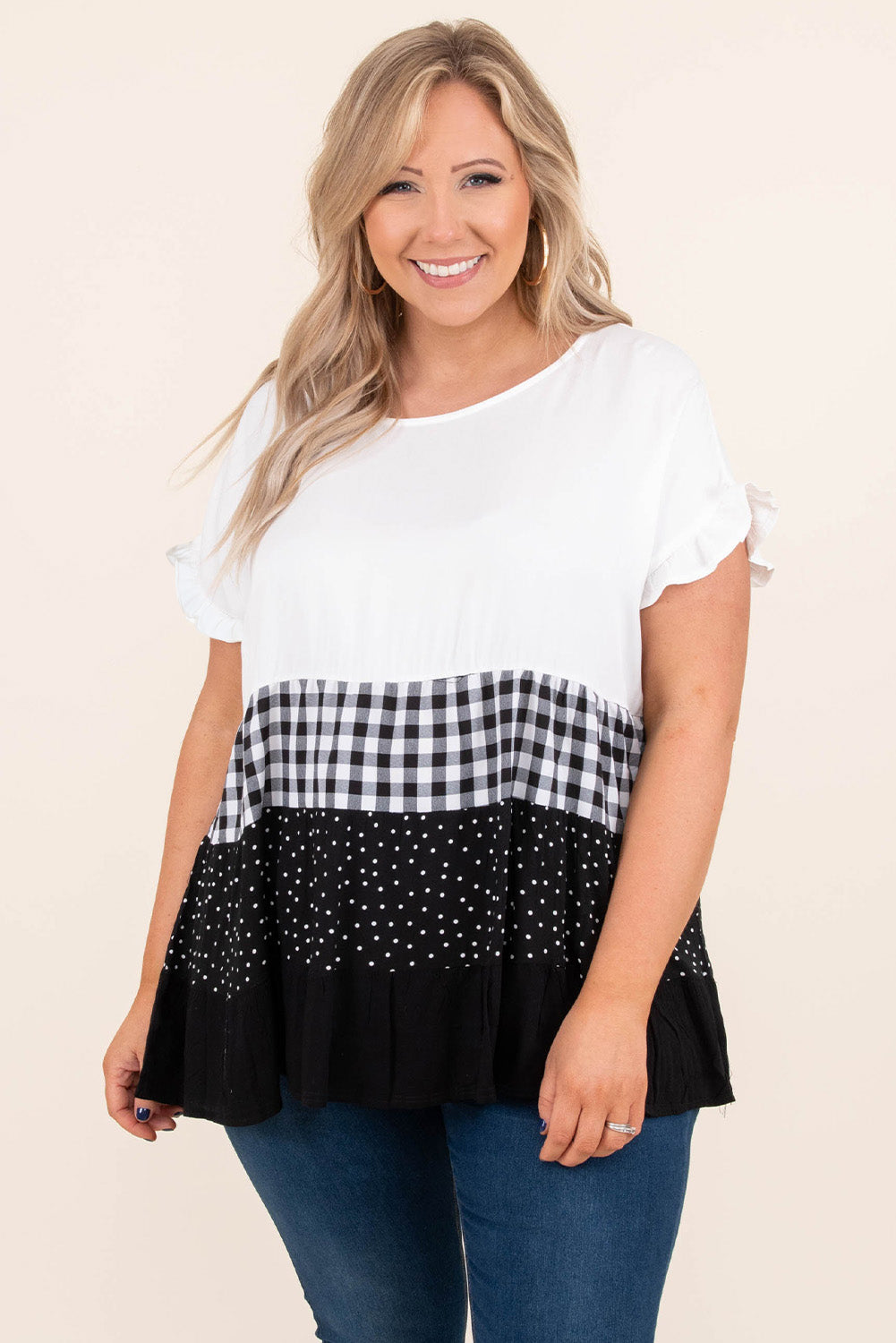 Plaid Dot Ruffled Babydoll Top