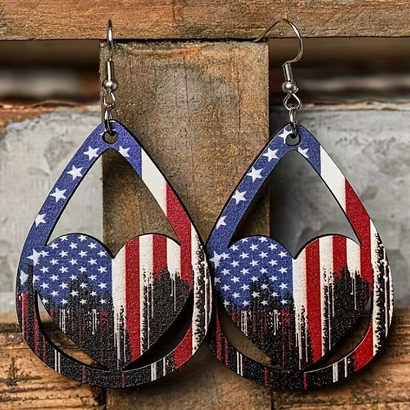 US Flag Wooden Earrings