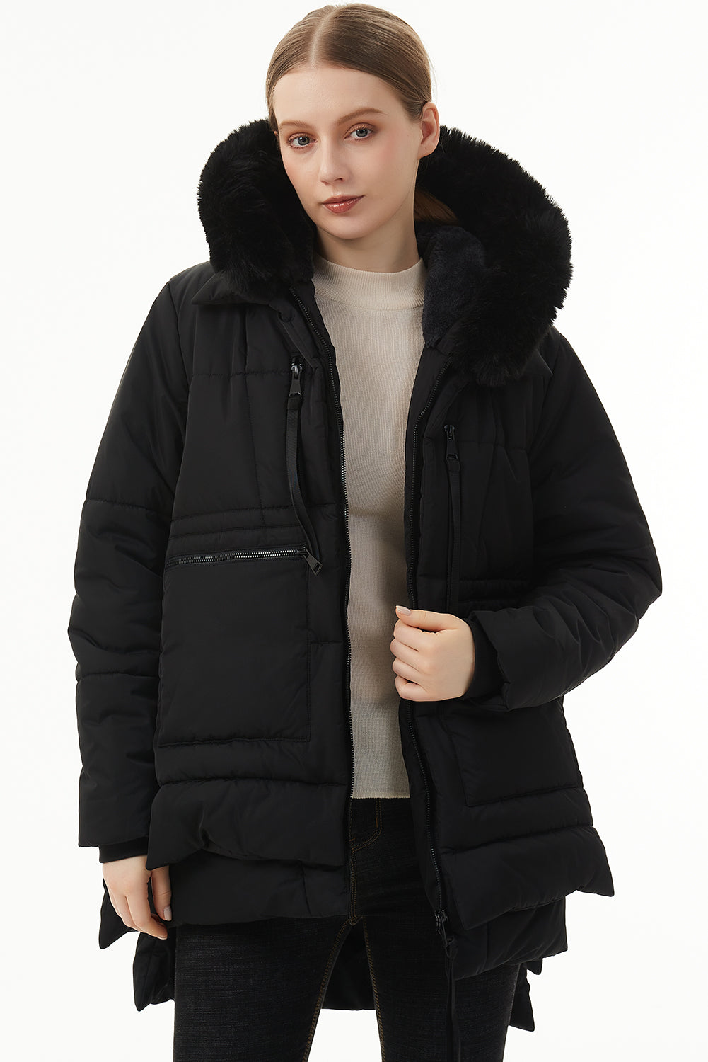 Black Plush Linen Hooded Puffer Coat