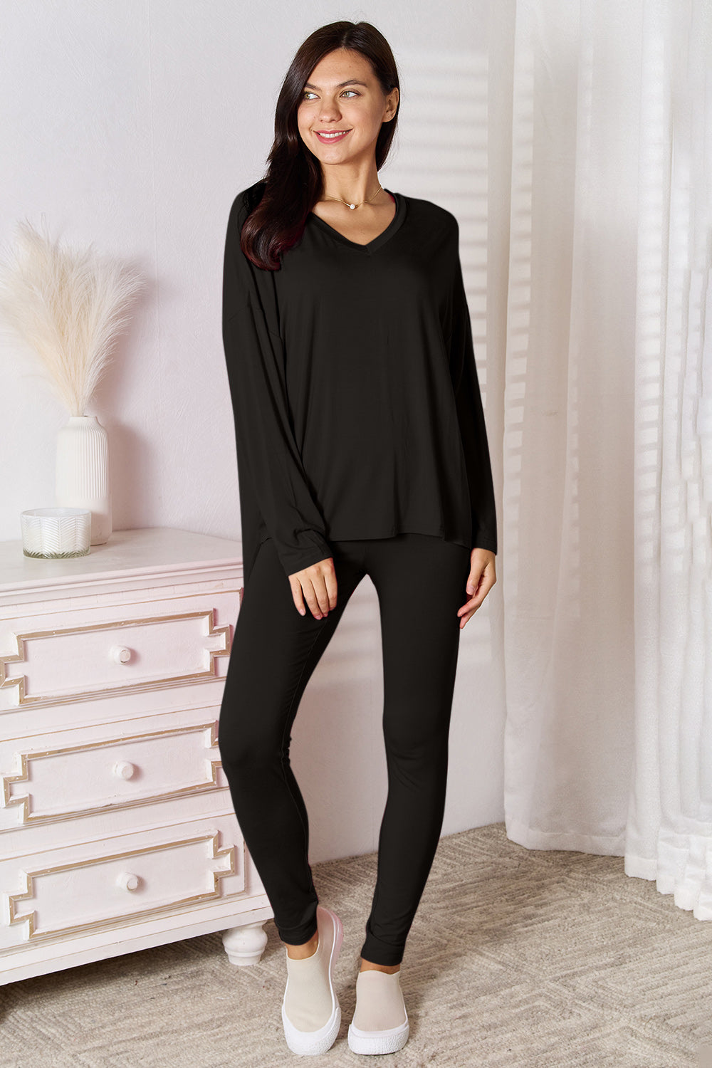 Basic Bae V-Neck Soft Rayon Long Sleeve Top and Pants Lounge Set