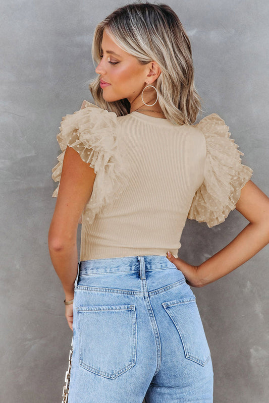 Mesh Ruffle Sleeve Ribbed Knit Top