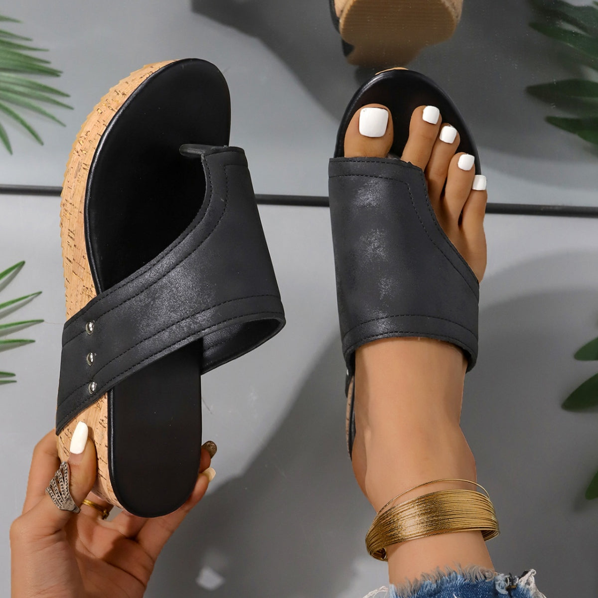 Slip-on Leather Wedge Sandals