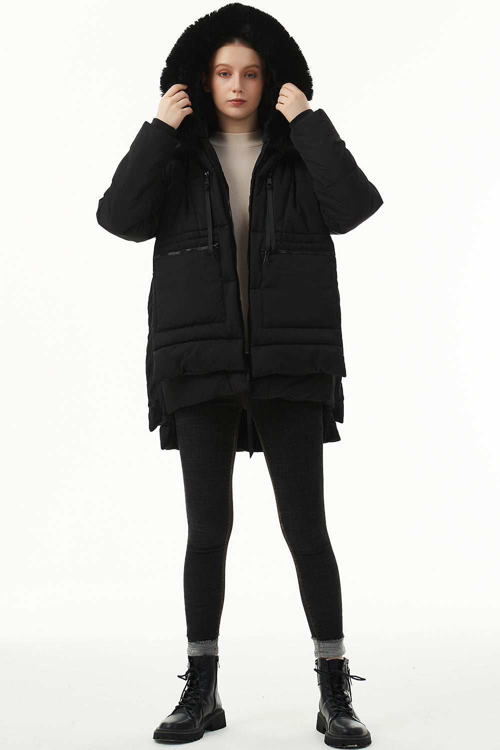 Black Plush Linen Hooded Puffer Coat