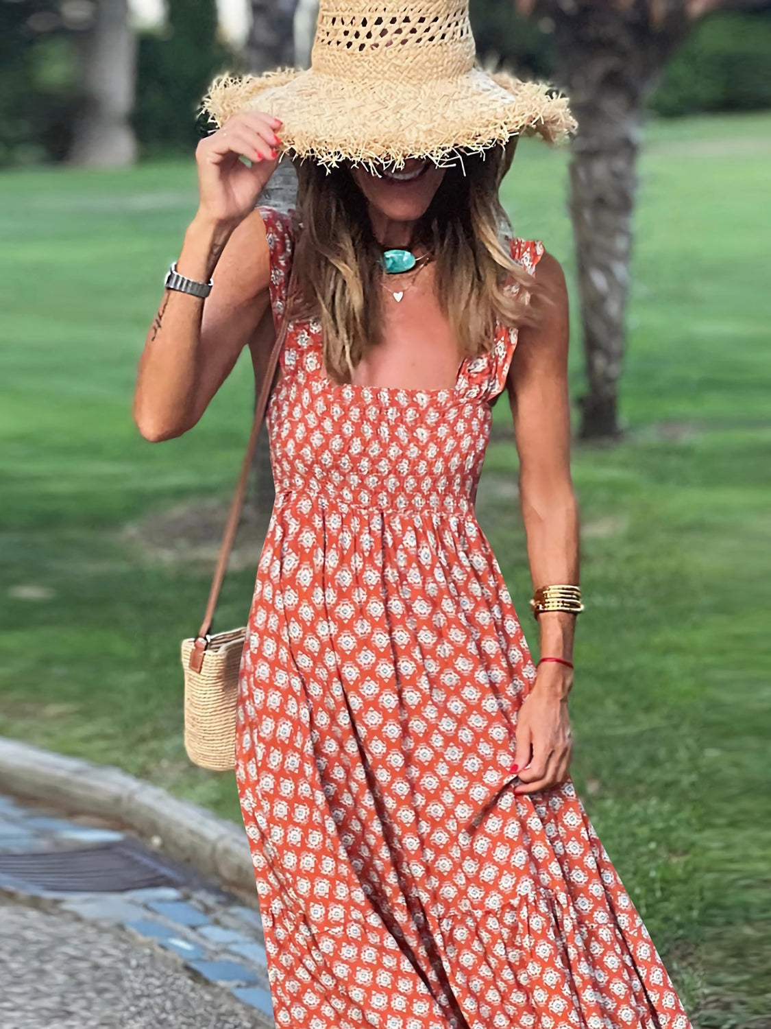 Smocked Printed Square Neck SummerDress