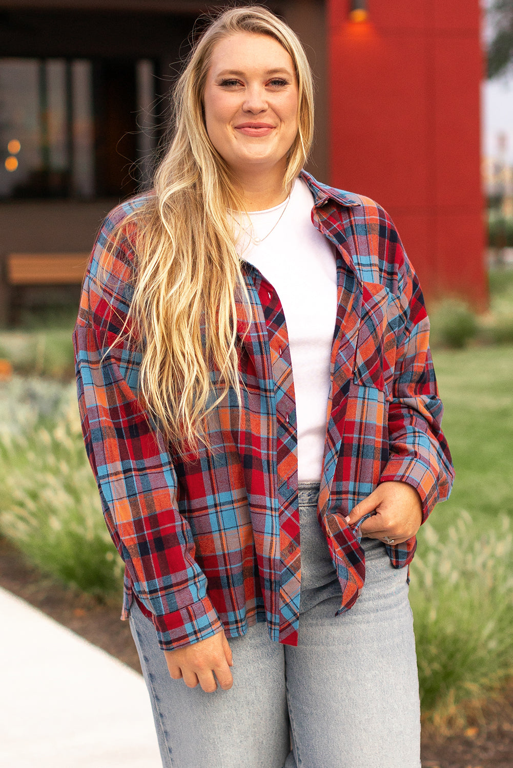 Orange Plaid Print Buttoned Shirt