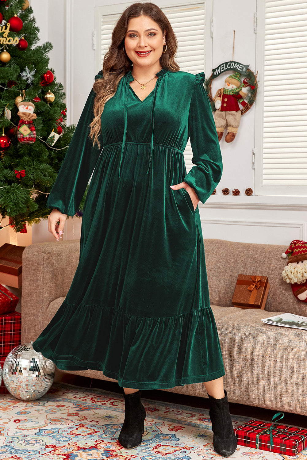 Green Velvet Frille Neck Ruffled Midi Dress