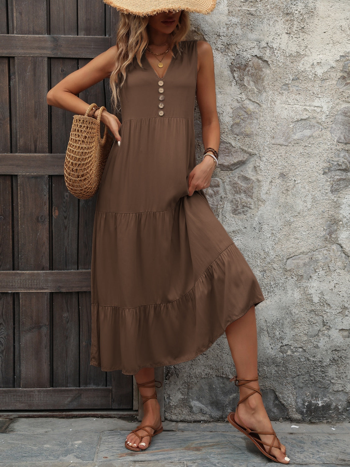 Button Notched Sleeveless Dress